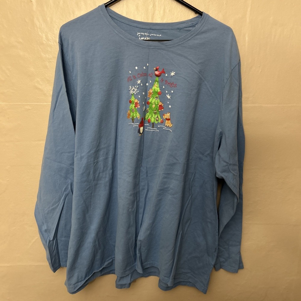 Just My Size 4X Comfy Long Sleeve Holiday Graphic Top‎ Baby Blue